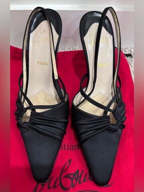Christian Louboutin Black Satin Pointed Slingback Pumps vintage